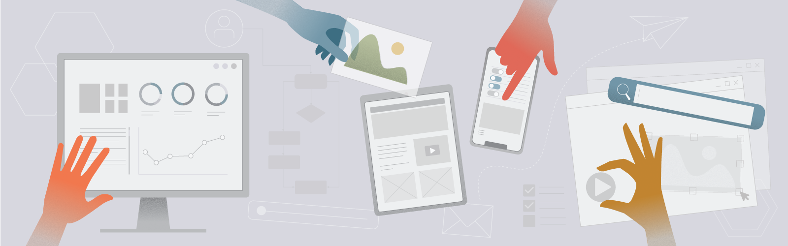 Web strategy illustration showing viewports, analytics, visual assets and search